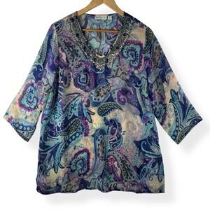 Susan Graver Tunic Top Size Medium Sheer Paisley Beaded‎ Chiffon Boho Resort